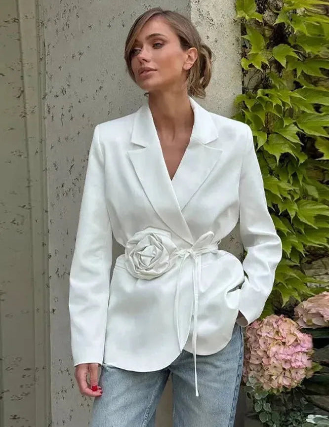 Women's Tailored Wrap Blazer with Rosette Detail and Tie Belt 0