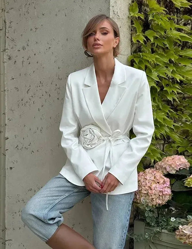 Women's Tailored Wrap Blazer with Rosette Detail and Tie Belt 1