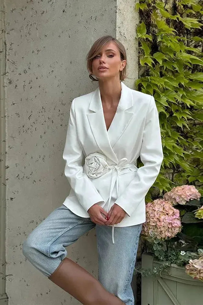 Women's Tailored Wrap Blazer with Rosette Detail and Tie Belt 1