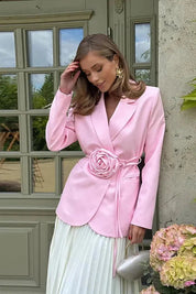 Women's Tailored Wrap Blazer with Rosette Detail and Tie Belt 2
