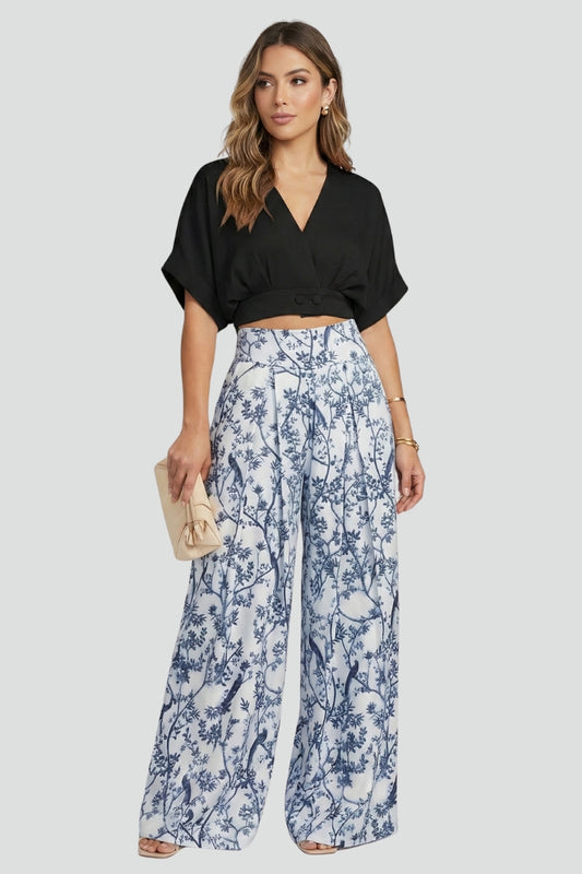Women’s Two-Piece Set V-Neck Top with Patterned Wide-Leg Trousers 0