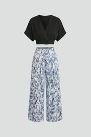 Women’s Two-Piece Set V-Neck Top with Patterned Wide-Leg Trousers 1