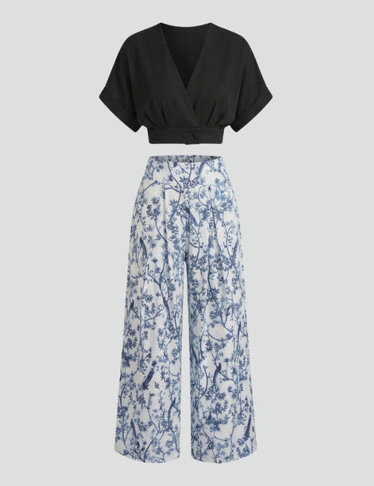Women’s Two-Piece Set V-Neck Top with Patterned Wide-Leg Trousers 1