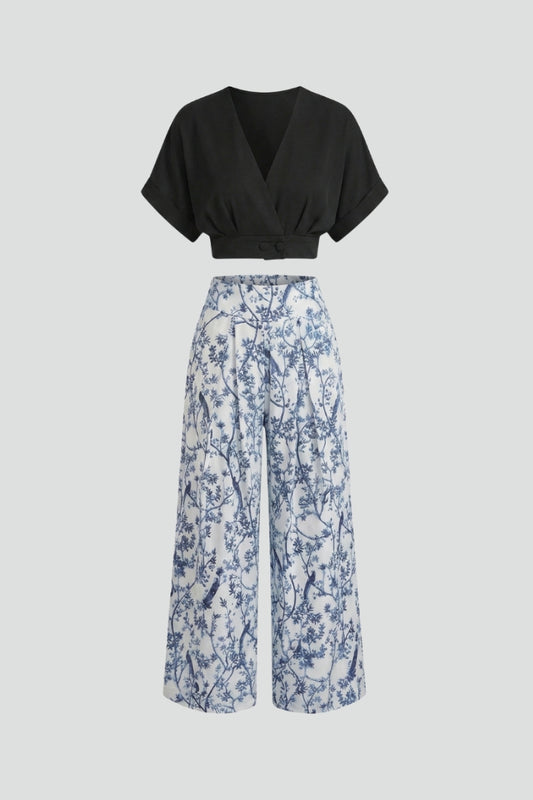 Women’s Two-Piece Set V-Neck Top with Patterned Wide-Leg Trousers 1