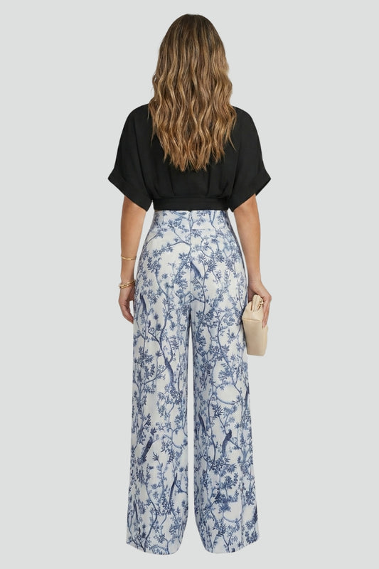 Women’s Two-Piece Set V-Neck Top with Patterned Wide-Leg Trousers 3