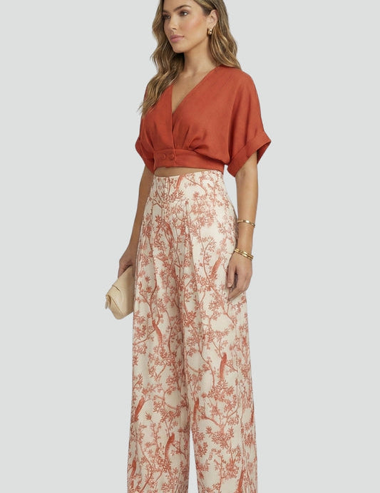 Women’s Two-Piece Set V-Neck Top with Patterned Wide-Leg Trousers 5