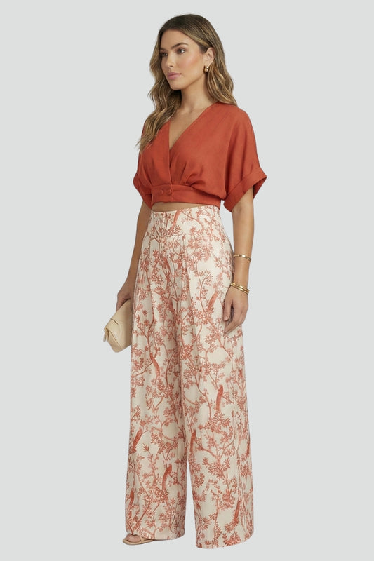Women’s Two-Piece Set V-Neck Top with Patterned Wide-Leg Trousers 5