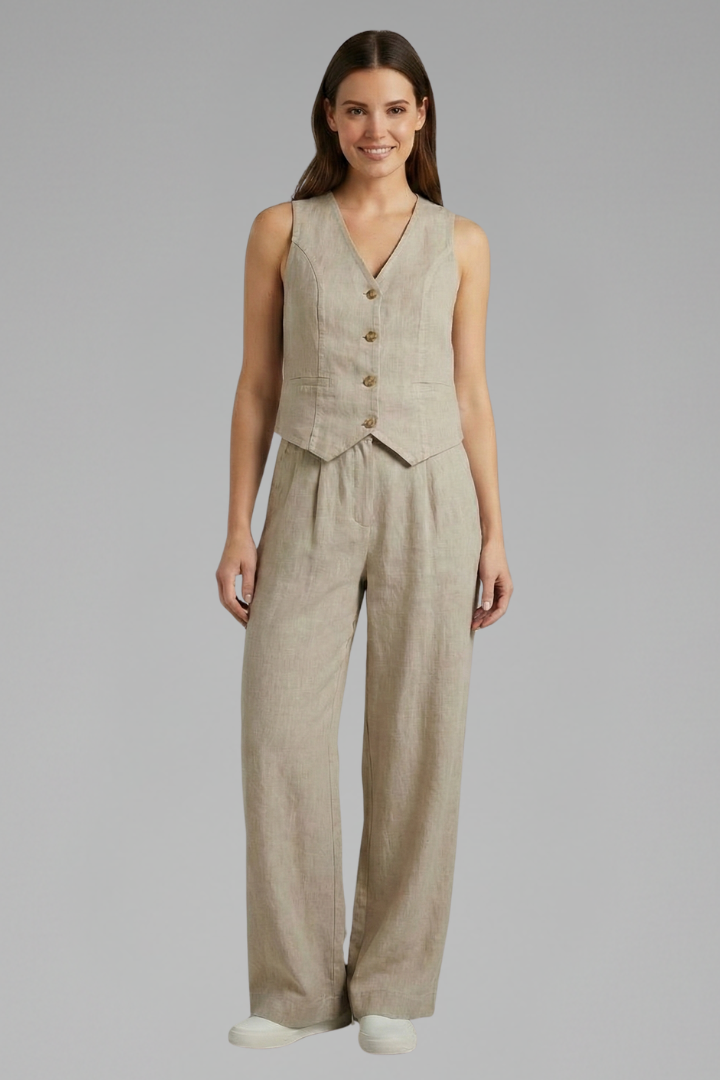 Women’s Two-Piece Set V-Neck Waistcoat and Wide Leg Trousers for Summer 0