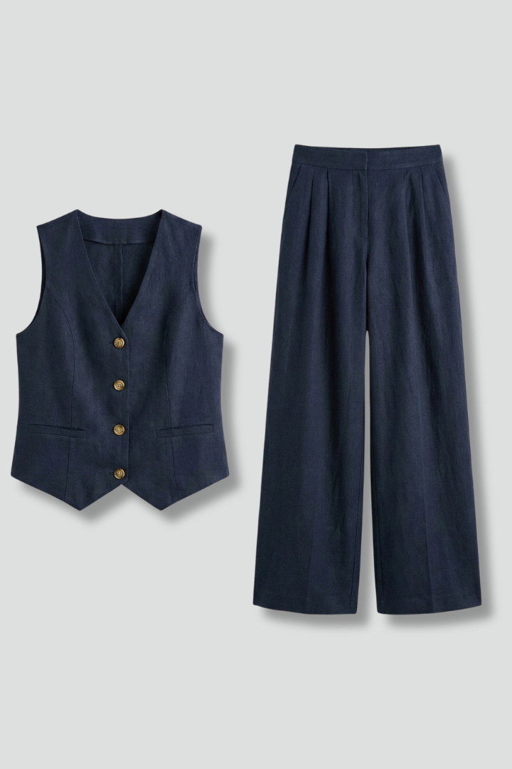 Women’s Two-Piece Set V-Neck Waistcoat and Wide Leg Trousers for Summer 1