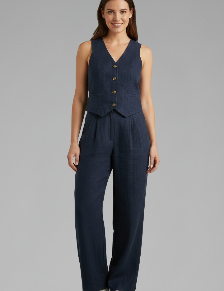 Women’s Two-Piece Set V-Neck Waistcoat and Wide Leg Trousers for Summer 2
