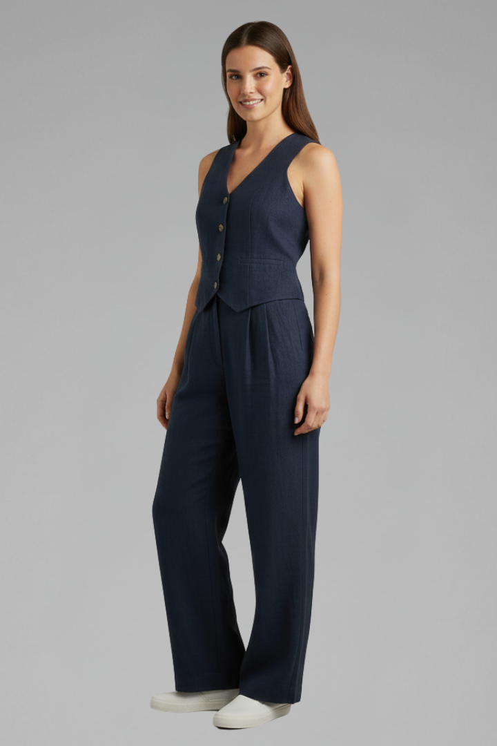 Women’s Two-Piece Set V-Neck Waistcoat and Wide Leg Trousers for Summer 4