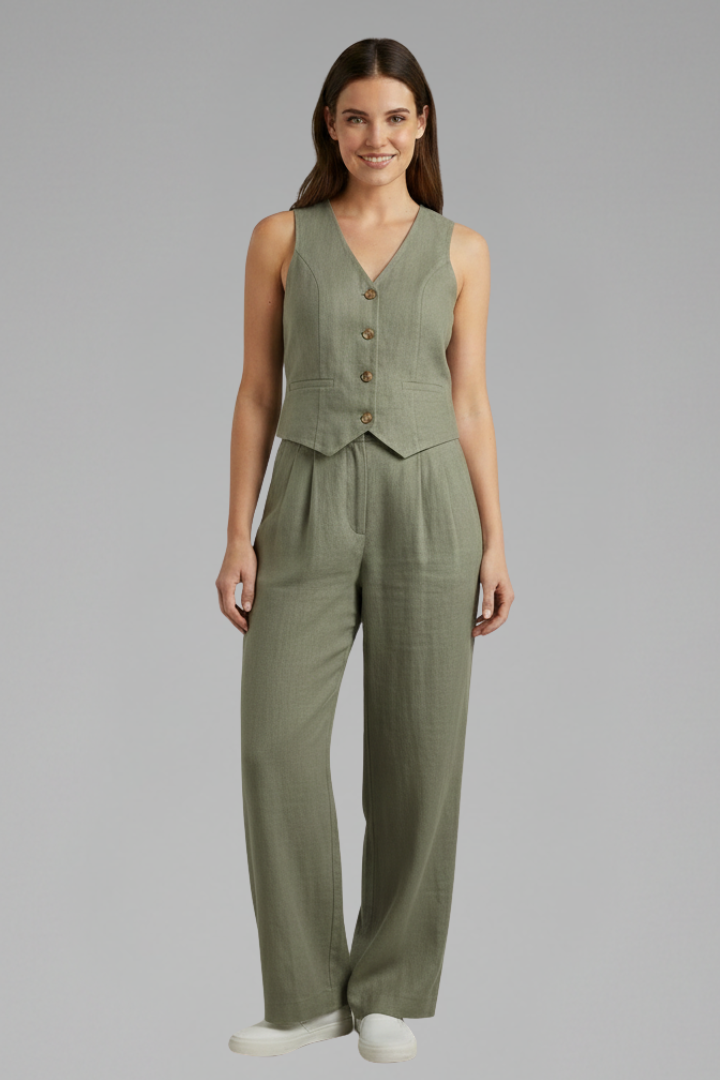 Women’s Two-Piece Set V-Neck Waistcoat and Wide Leg Trousers for Summer 9