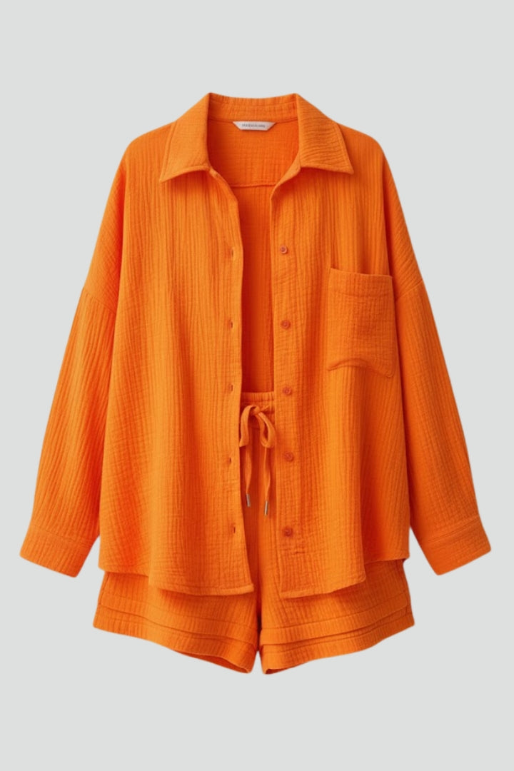 Women’s Two-Piece Set with Oversized Blouse and Adjustable High-Rise Shorts 1