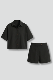 Women’s Two-Piece Summer Set with Button Shirt and Elastic Waist Shorts 1