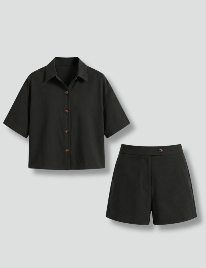 Women’s Two-Piece Summer Set with Button Shirt and Elastic Waist Shorts 1