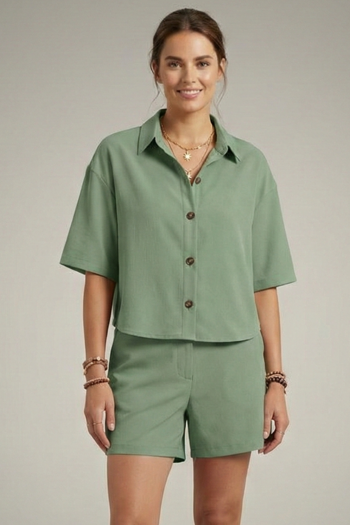Women’s Two-Piece Summer Set with Button Shirt and Elastic Waist Shorts 7