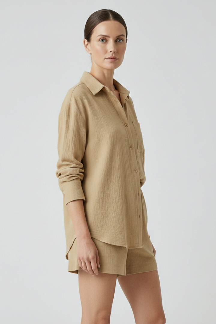 Women’s Two-Piece Summer Set with Collared Shirt and Elastic Waist Shorts 0