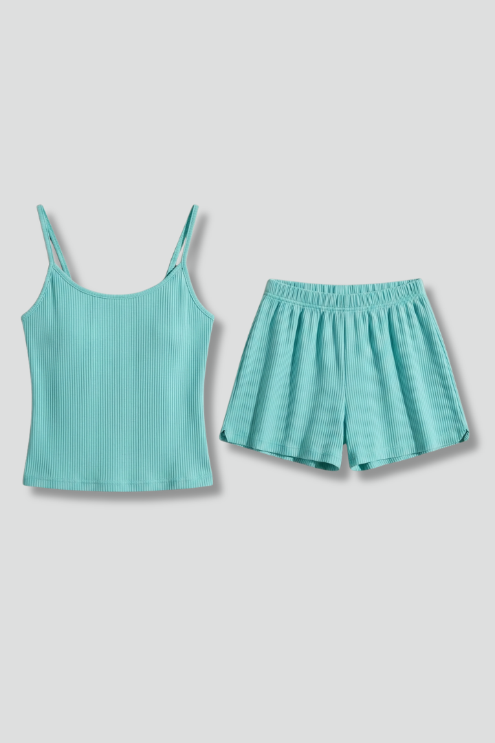 Women’s Two-Piece Summer Set with Spaghetti Strap Crop Top and Elastic Waist Shorts 1