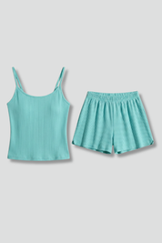 Women’s Two-Piece Summer Set with Spaghetti Strap Crop Top and Elastic Waist Shorts 1