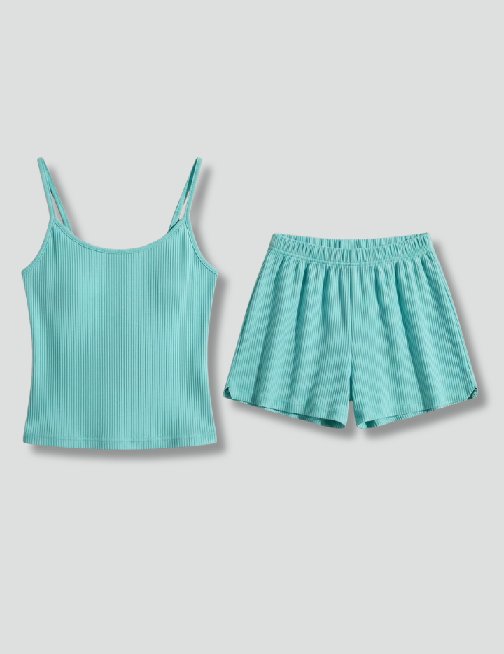 Women’s Two-Piece Summer Set with Spaghetti Strap Crop Top and Elastic Waist Shorts 1