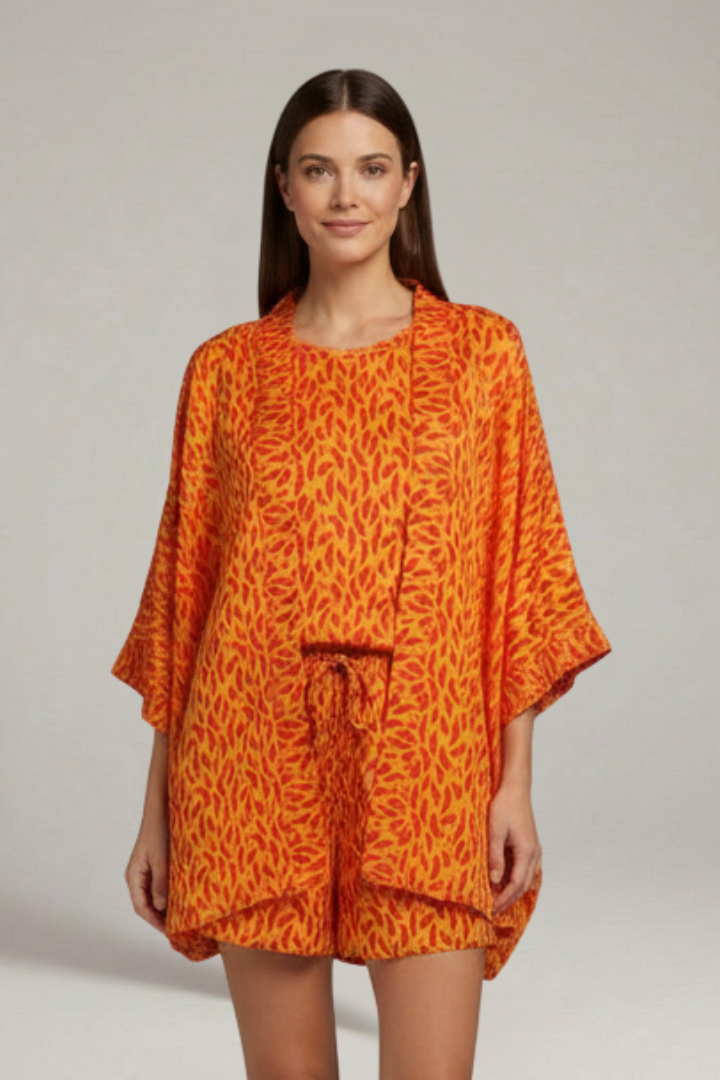 Women’s Two Piece Printed Set with Open Front Jacket and Elastic Waist Shorts 0