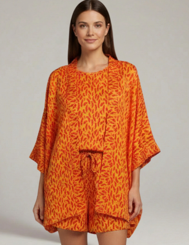 Women’s Two Piece Printed Set with Open Front Jacket and Elastic Waist Shorts 0