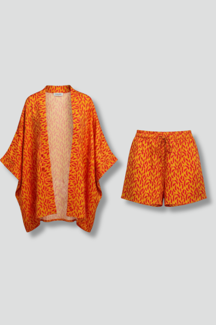 Women’s Two Piece Printed Set with Open Front Jacket and Elastic Waist Shorts 1