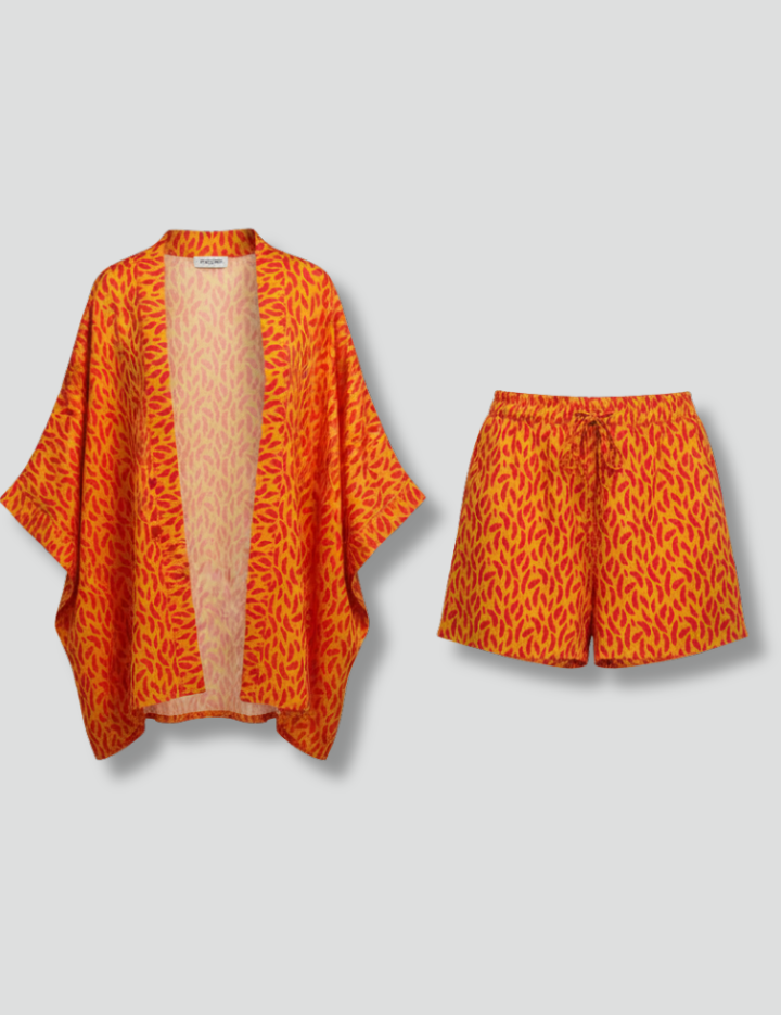 Women’s Two Piece Printed Set with Open Front Jacket and Elastic Waist Shorts 1