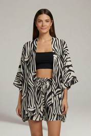 Women’s Two Piece Printed Set with Open Front Jacket and Elastic Waist Shorts 5