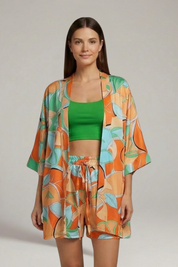 Women’s Two Piece Printed Set with Open Front Jacket and Elastic Waist Shorts 6