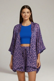 Women’s Two Piece Printed Set with Open Front Jacket and Elastic Waist Shorts 7