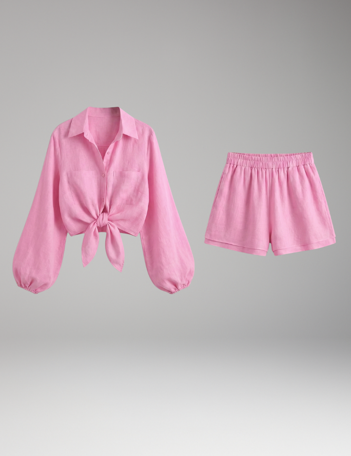 Women's Two Piece Set - Button Shirt & Elastic Waist Shorts Co Ord Sets for Summer Casual Style 1