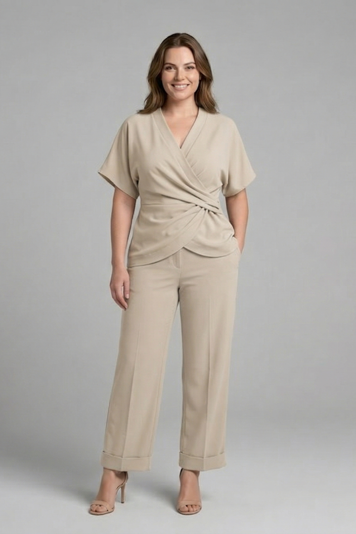 Women's Two Piece Set - Chic V-Neck Wrap Top & Cropped Trousers | Stylish Co Ord Sets for Effortless Summer Style 0