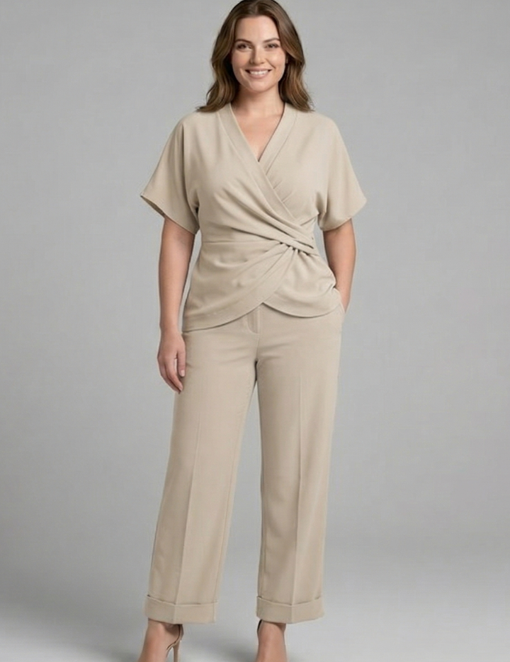 Women's Two Piece Set - Chic V-Neck Wrap Top & Cropped Trousers | Stylish Co Ord Sets for Effortless Summer Style 0