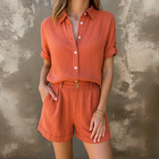 Women's Two Piece Set - High-Waist Co Ord Set with Short Sleeve Shirt and Pleated Shorts for Summer Style 2