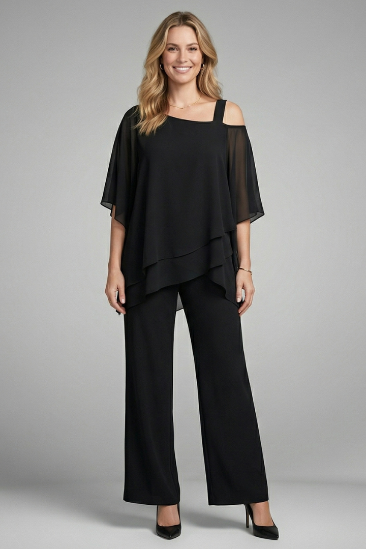Women’s Two Piece Set Asymmetrical Top with Wide Leg Trousers Casual Outfit 0