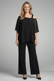 Women’s Two Piece Set Asymmetrical Top with Wide Leg Trousers Casual Outfit 0