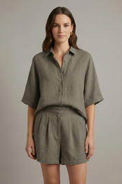 Women’s Two Piece Set Collared Shirt and Elastic Waist Shorts Summer Outfit 0