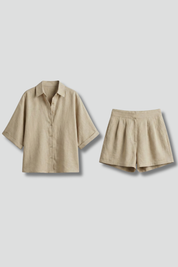 Women’s Two Piece Set Collared Shirt and Elastic Waist Shorts Summer Outfit 1