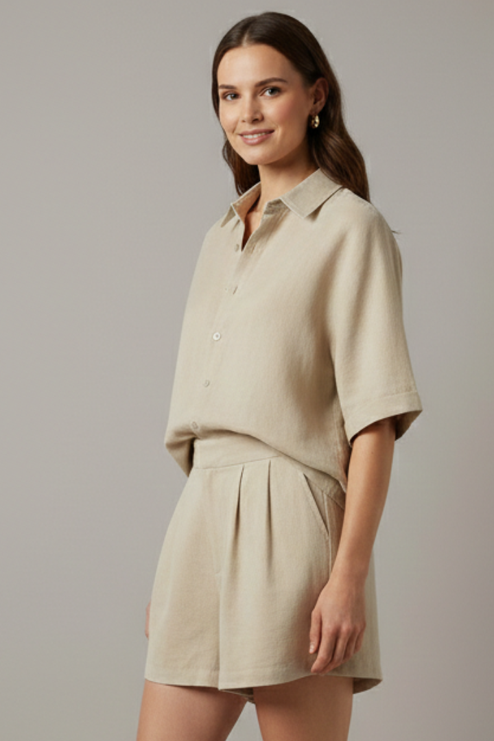 Women’s Two Piece Set Collared Shirt and Elastic Waist Shorts Summer Outfit 5