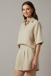 Women’s Two Piece Set Collared Shirt and Elastic Waist Shorts Summer Outfit 5