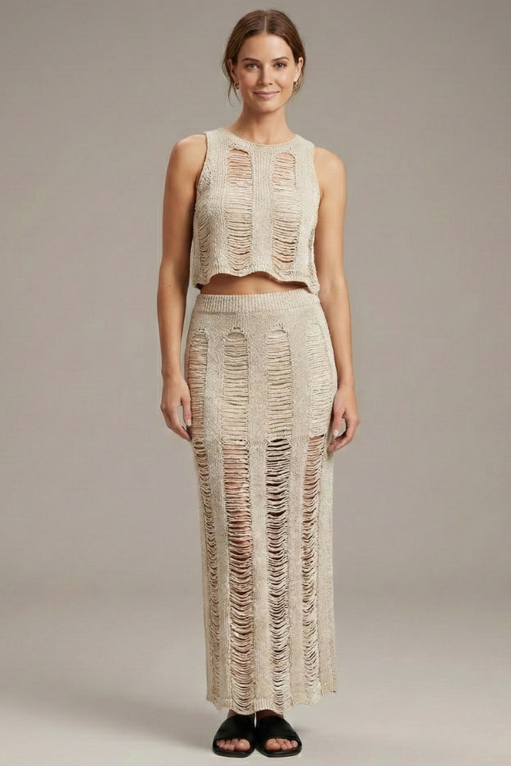 Women’s Two Piece Set Crop Top and Side Slit Maxi Skirt Summer Outfit 0