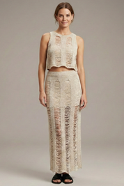 Women’s Two Piece Set Crop Top and Side Slit Maxi Skirt Summer Outfit 0