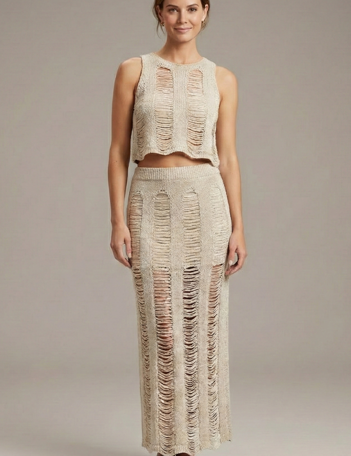 Women’s Two Piece Set Crop Top and Side Slit Maxi Skirt Summer Outfit 0