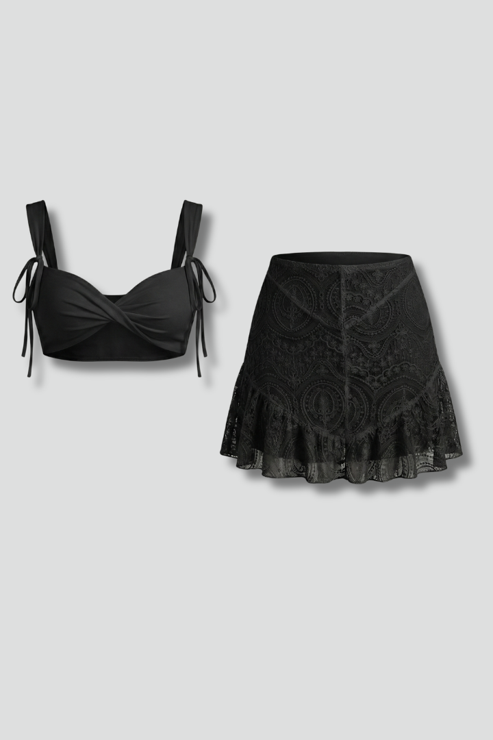 Women’s Two Piece Set Strap Top and Lace Mini Skirt Summer Outfit 1