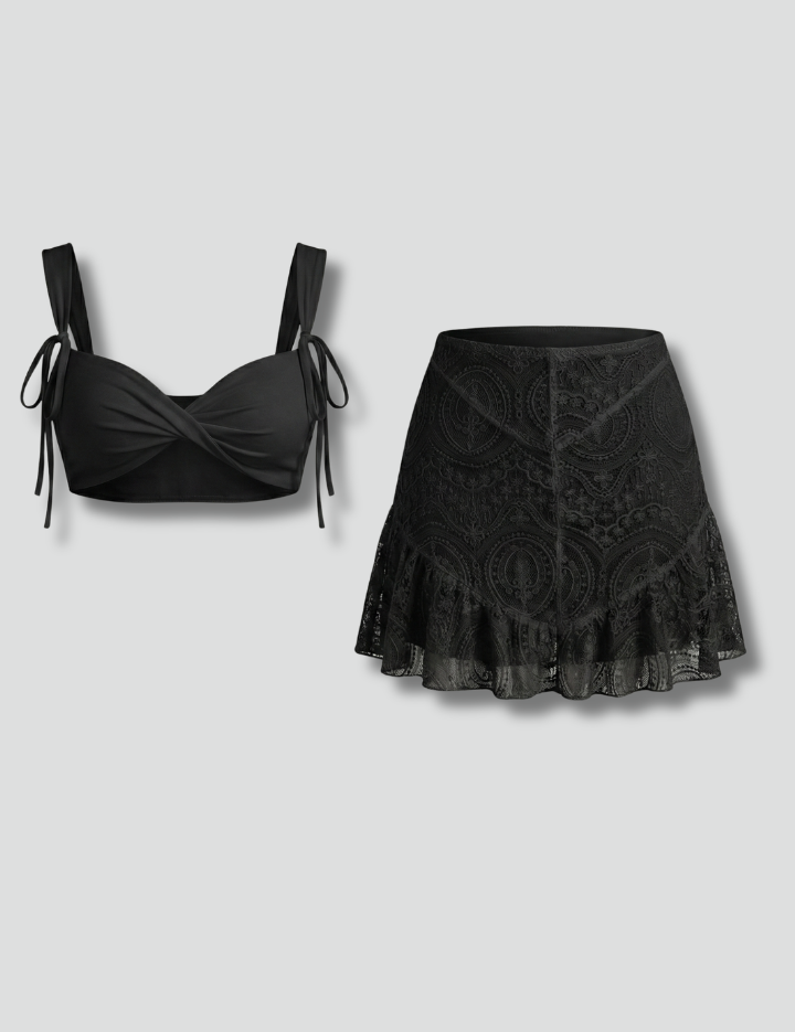 Women’s Two Piece Set Strap Top and Lace Mini Skirt Summer Outfit 1