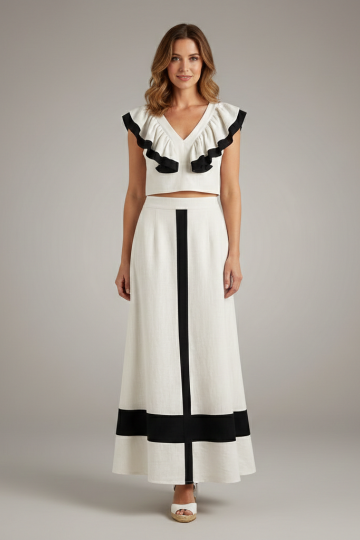 Women’s Two Piece Set V-Neck Top and High Waist Midi Skirt Casual Summer Outfit 0