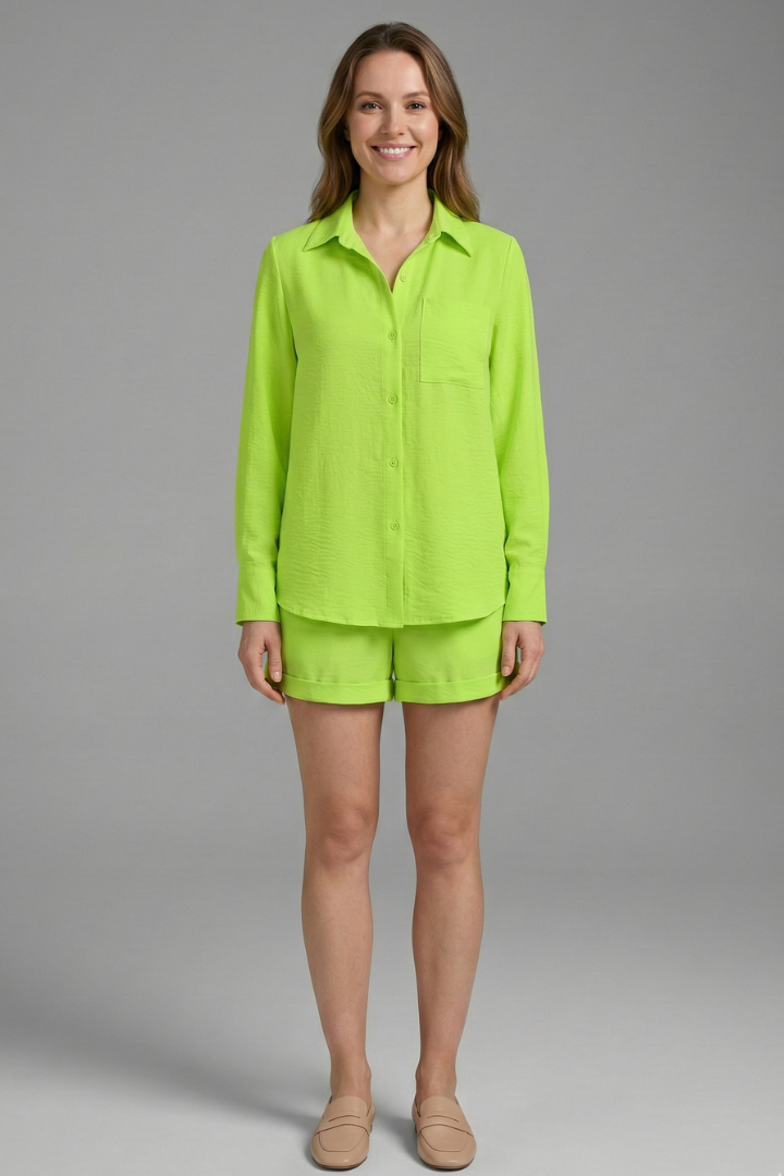 Women’s Two Piece Set with Long Sleeve Shirt and High Waist Shorts 0