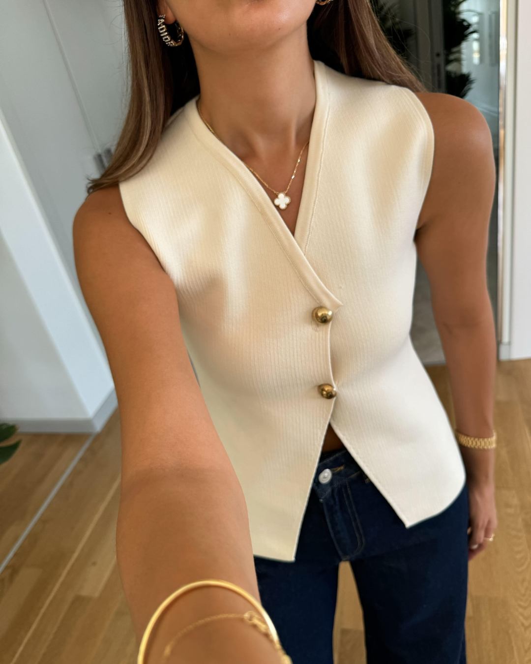 Women's Vest with Button Front, V-Neck, and Asymmetric Hem for Casual and Professional Style 2