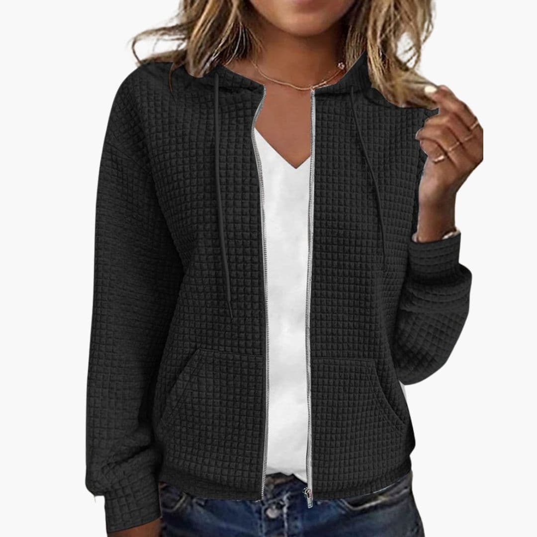 Women's Waffle Textured Zip-Up Hoodie with Drawstring Hood 0